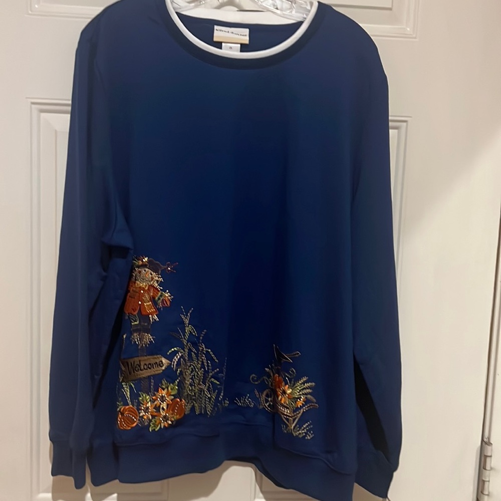 Alfred Dunner Navy Blue Crewneck Sweater with Autumn Embroidery
